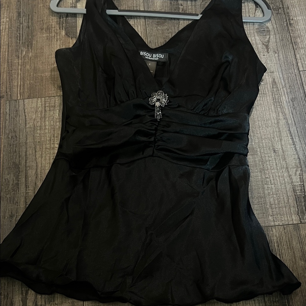 Bisou Bisou Black Satin V-Neck Peplum Top with Rhinestone Brooch